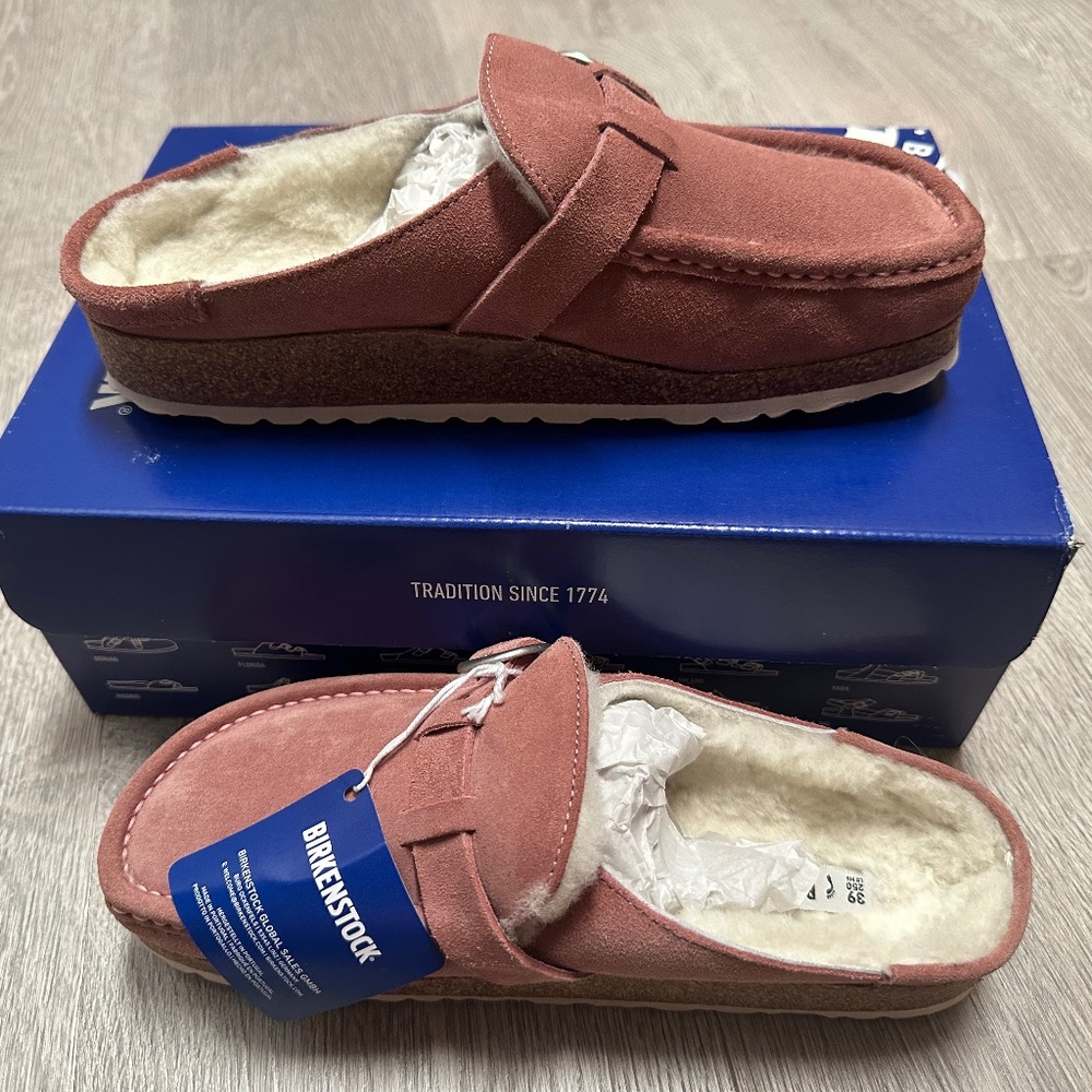 Birkenstock Pink Clay Buckley Shearling Slides